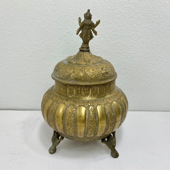 Other - Vintage Hindu Goddess Laxmi Large Brass Pot & Lid Prosperity Abundance Light